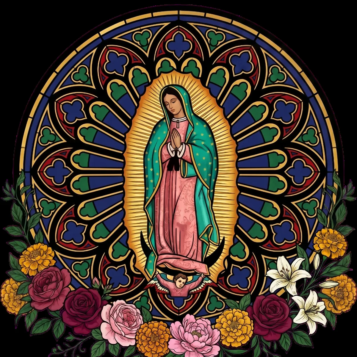 Sanctus devotional emblem — La Guadalupana rose-window stained glass